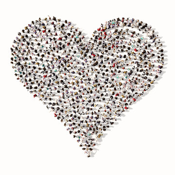 Concept or conceptual large gathering of people forming the image of a red heart on white background. A 3d illustration metaphor for love, romance, valentine's day, happiness, wedding, health or care