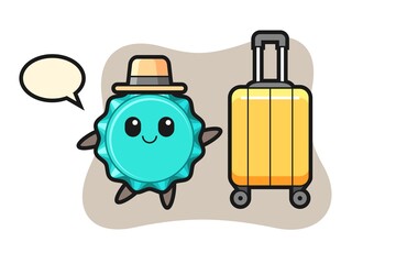 bottle cap cartoon illustration with luggage on vacation