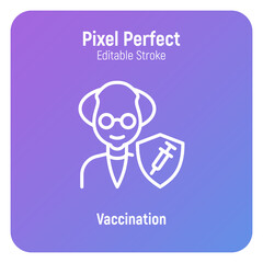 Coronavirus vaccination. Virus protection: elderly man is protected by shield with vaccine. Immune system, antibiotics. Thin line icon. Pixel perfect, editable stroke. Vector illustration.