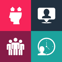 Set pop art Time Management, Users group, Location with person and of man icon. Vector.