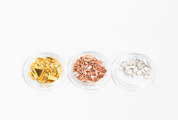 Pure gold, copper and silver. Prepared pieces for 585 gold alloy melting
