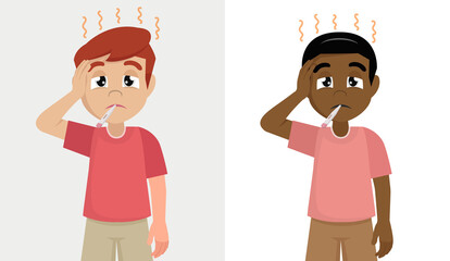 Set Sick boy with thermometer in his mouth.