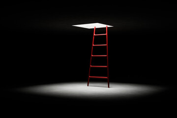 red staircase under the opening in the black room as a metaphor for development or movement up or in the right direction, minimal development concept, 3d rendering