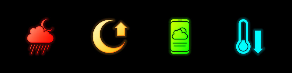 Set Cloud with rain and moon, Moon, Weather forecast and Meteorology thermometer icon. Vector. © Kostiantyn