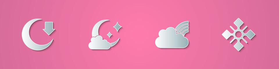 Set paper cut Moon, Cloud with moon, Rainbow clouds and Snowflake icon. Paper art style. Vector.