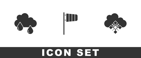 Set Cloud with rain, Cone windsock wind vane and snow icon. Vector.