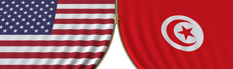 Obraz premium Flags of United States and Tunisia and closing or opening zipper between them. Political negotiations or interaction conceptual 3D rendering