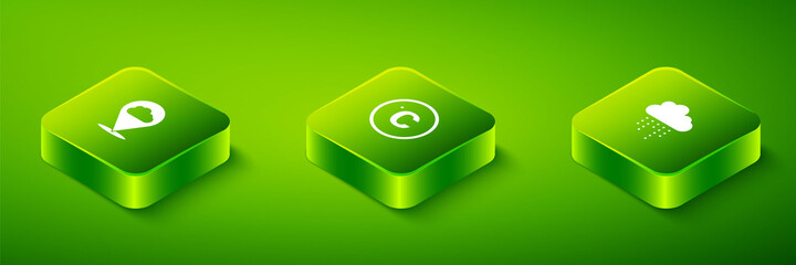 Set Isometric Celsius, Cloud with rain and Location cloud icon. Vector.