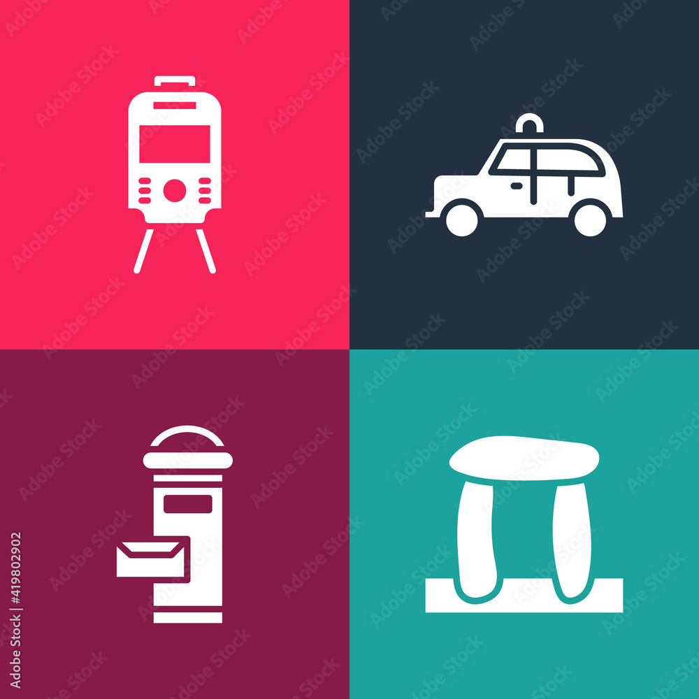 Canvas Prints set pop art stonehenge, london mail box, taxi car and tram and railway icon. vector.