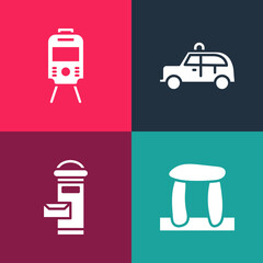 Set pop art Stonehenge, London mail box, Taxi car and Tram and railway icon. Vector.