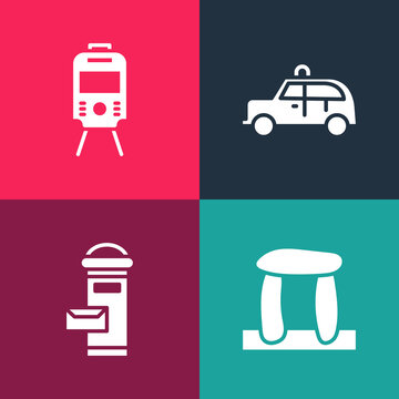 Set Pop Art Stonehenge, London Mail Box, Taxi Car And Tram And Railway Icon. Vector.