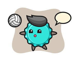Character cartoon of bottle cap is playing volleyball