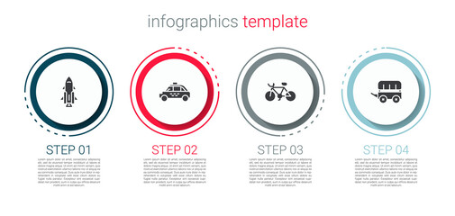 Set Rocket ship with fire, Taxi car, Bicycle and Wild west covered wagon. Business infographic template. Vector.