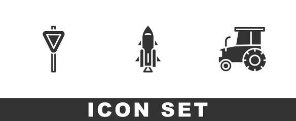 Set Road traffic signpost, Rocket ship with fire and Tractor icon. Vector.