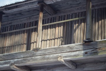 Old traditional wooden building structures in Latvia. Details of Log house type of building