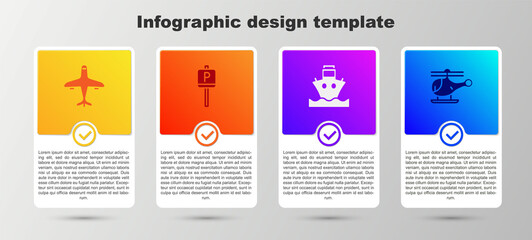 Set Plane, Parking, Cargo ship and Helicopter. Business infographic template. Vector.