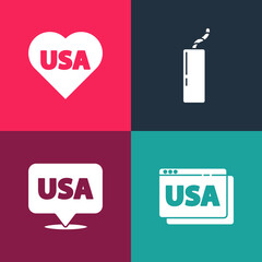 Set pop art USA on browser, Independence day, Dynamite bomb and icon. Vector.