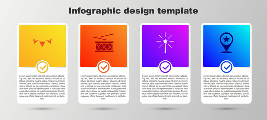 Set Carnival garland with flags, Drum drum sticks, Firework and USA Independence day. Business infographic template. Vector.