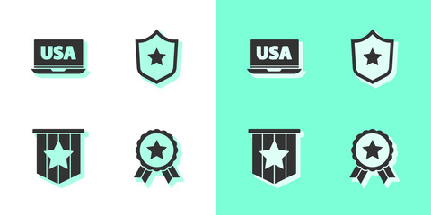 Set Medal with star, USA on laptop, American flag and Police badge icon. Vector.
