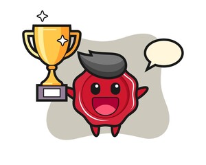 Cartoon illustration of sealing wax is happy holding up the golden trophy