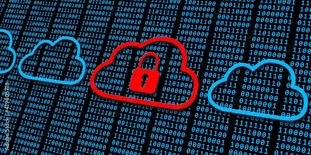Poster data security concept - several clouds and one closed padlock over blue binary code on black backgro