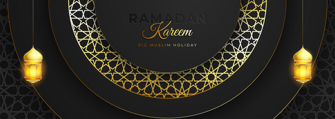 Ramadan Kareem greeting background Islamic with gold patterned on paper color background.
