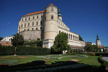 Fototapeta na wymiar Mikulov baroque Castle with chateau garden with ornamental flowers, popular touristic destination with guided tour, Mikulov, Czech Republic