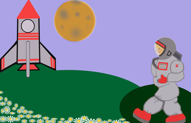 3 D - rendering. An astronaut in a space suit walks across the chamomile field towards the rocket. There is a large yellow planet hanging in the sky.