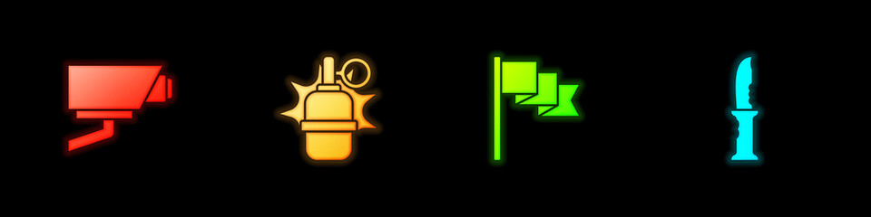 Set Security camera, Hand grenade, Location marker and Military knife icon. Vector.