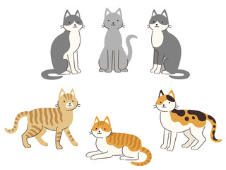 色々な模様とポーズの猫のイラスト