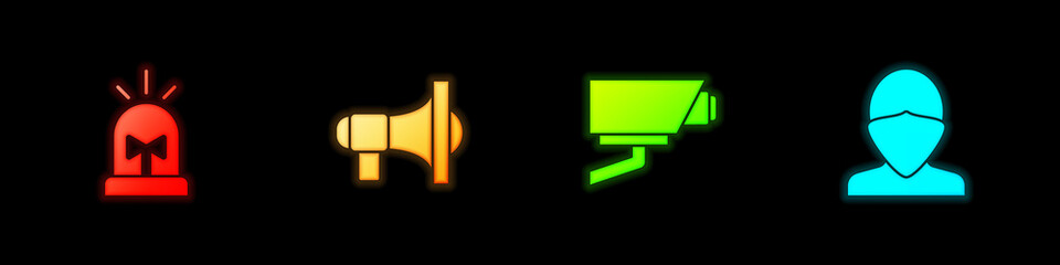 Set Flasher siren, Megaphone, Security camera and Vandal icon. Vector.
