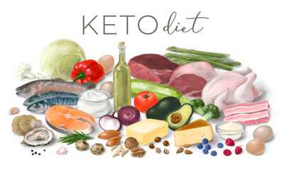 Healthy low carbs KETO products. Nutrition concept for Ketogenic diet. Assortment of healthy food ingredients for cooking. Hand drawn illustration.
