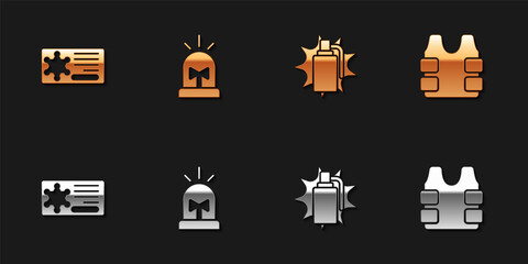 Set Police badge, Flasher siren, Hand grenade and Bulletproof vest icon. Vector.