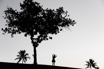 Girl  on the hill, trees silhouette , Kakaako Waterfront Park, Honolulu, Oahu, Hawaii