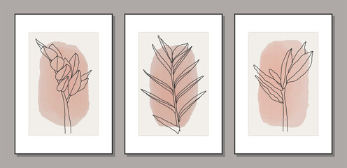 Set of minimalist botanical line art composition with leaves abstract collage