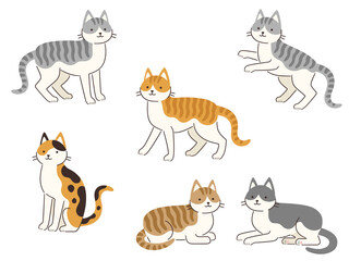 色々な模様とポーズの猫のイラストセット