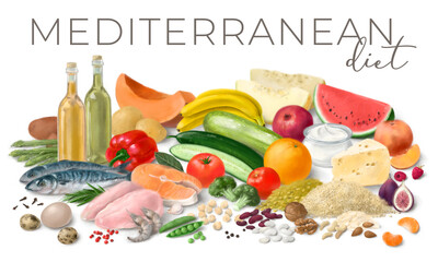 Nutrition concept for Mediterranean diet. Assortment of healthy food ingredients for cooking. Hand drawn illustration. - obrazy, fototapety, plakaty