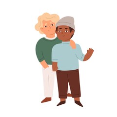 Portrait of little boys. Couple of happy multiracial friends standing and hugging. Colored flat vector illustration of cute children or schoolboys isolated on white background