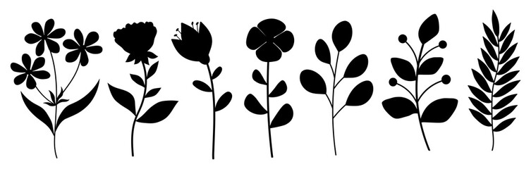 Plants flowers leaves silhouettes vector illustration