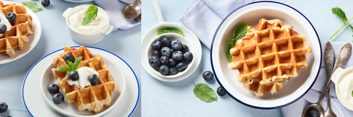 Collage of traditional belgian waffles with fresh blueberries for breakfast