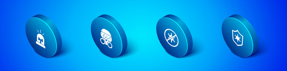 Set Isometric Flasher siren, Protest, Police badge and Gas mask icon. Vector.