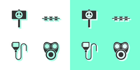 Set Gas mask, Peace, Walkie talkie and Barbed wire icon. Vector.