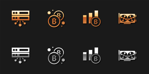 Set Server, Bitcoin, Pie chart infographic bitcoin and Video card icon. Vector.