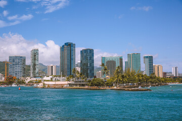 Fototapeta na wymiar Coastal city view at Kakaako Waterfront Park, Honolulu, Oahu, Hawaii 