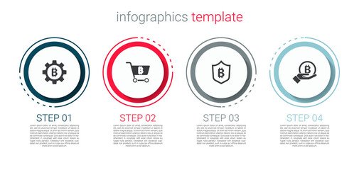 Set Cryptocurrency coin Bitcoin, Shopping cart with bitcoin, Shield and Hand holding. Business infographic template. Vector.