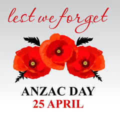 Vector illustration for Anzac Day. Poppy flowers and the inscription "Lest we forget" on Anzac Memorial Day.
