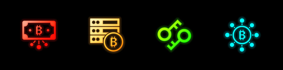 Set Bitcoin with circuit, Server bitcoin, Cryptocurrency key and Blockchain technology icon. Vector.