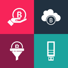 Set pop art USB flash drive, Sales funnel with bitcoin, Cryptocurrency cloud mining and Hand holding Bitcoin icon. Vector.