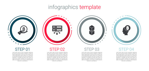 Set Hand holding Bitcoin, Server, Blockchain technology and think. Business infographic template. Vector.