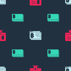 Set Mining bitcoin from monitor, Bitcoin browser and Credit card with on seamless pattern. Vector.